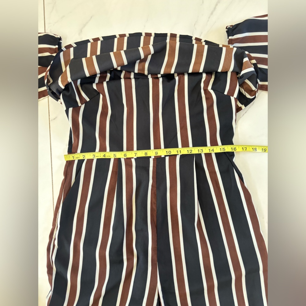 SHEIN Off-Shoulder Striped Jumpsuit in Black White & Brown - Picture 15 of 16